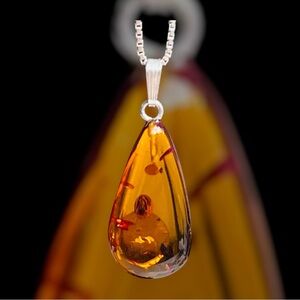 Genuine Baltic Amber Teardrop Pendant Necklace 925 w/ box chain